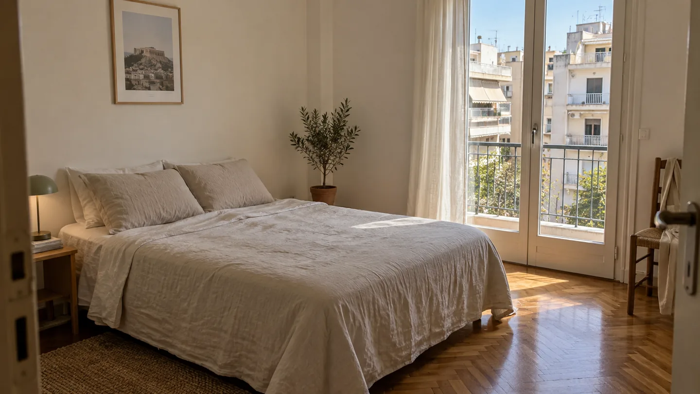 Ενδεικτικό απλό υπνοδωμάτιο καταλύματος στην Αθήνα με ζεστούς λευκούς τοίχους