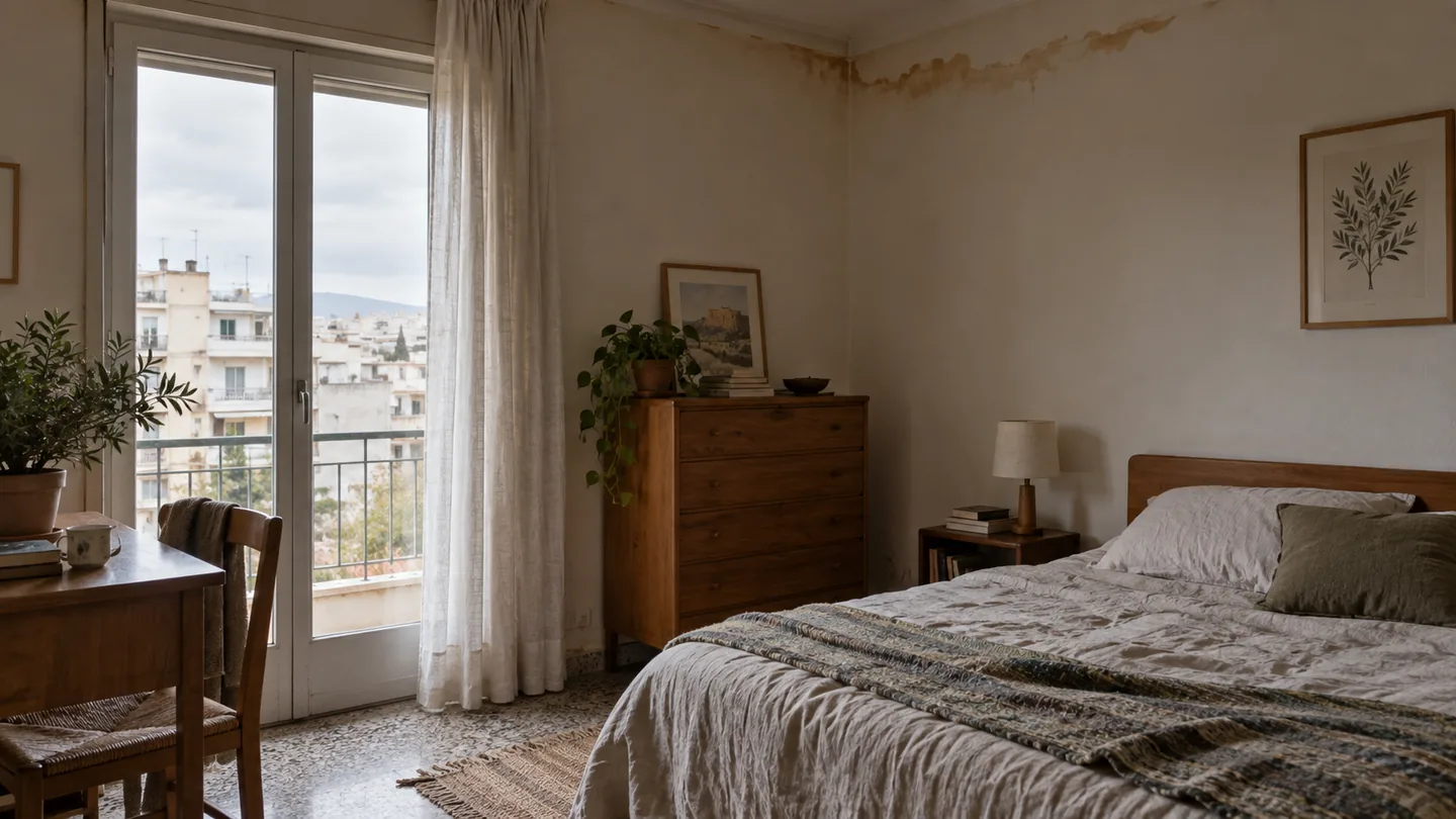 Ενδεικτικό σημάδι υγρασίας κοντά στην οροφή απλού υπνοδωματίου