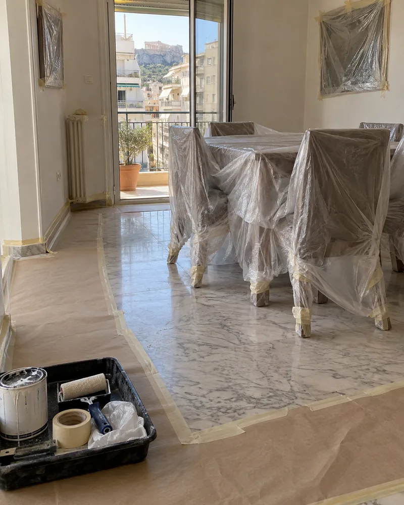 Προστατευμένο μαρμάρινο δάπεδο και καλυμμένες καρέκλες πριν τη βαφή