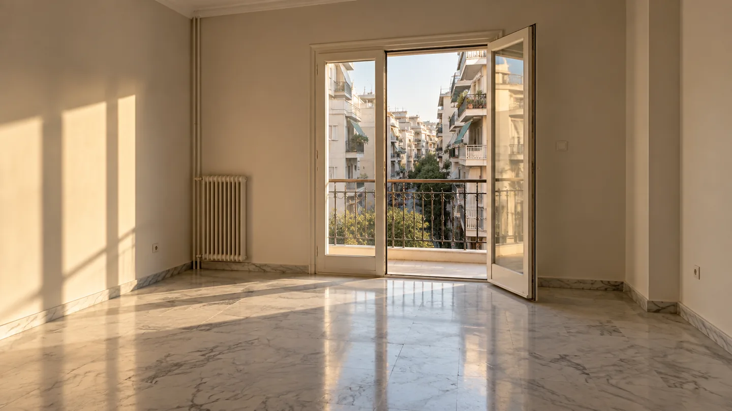 Ενδεικτικό άδειο αθηναϊκό σαλόνι μετά τη βαφή με φως από μπαλκονόπορτα