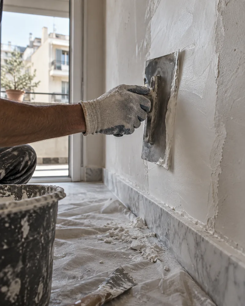 Σπάτουλα με υλικό εξομάλυνσης σε τοίχο αθηναϊκού διαμερίσματος