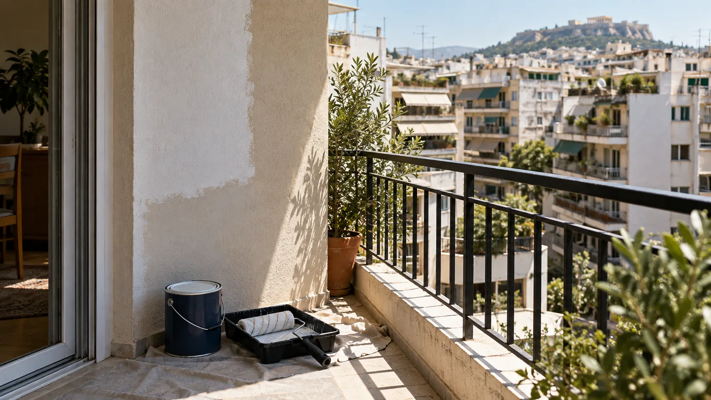 Ενδεικτικό αθηναϊκό μπαλκόνι με έντονο ήλιο και εργαλεία στη σκιά