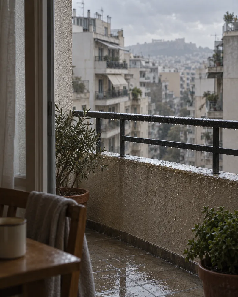Βρεγμένη εξωτερική επιφάνεια μπαλκονιού σε χειμερινό φως