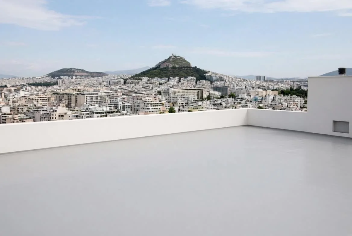 Ψηφιακή απεικόνιση επίπεδης ταράτσας με λευκή επιφάνεια και θέα στην Αθήνα